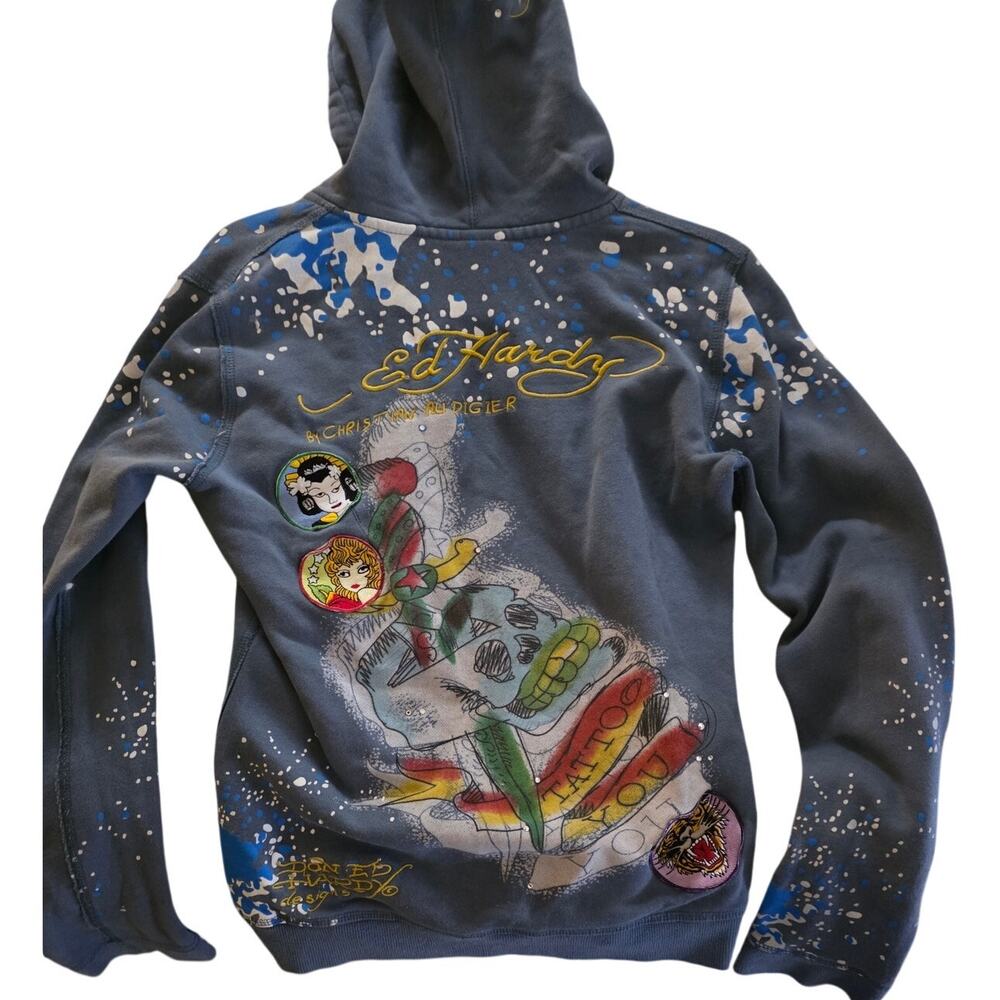 Vintage Women's M Don Ed Hardy Tattoo Zip Hoodie Christian Audigier Y2K Geisha - Picture 2 of 16